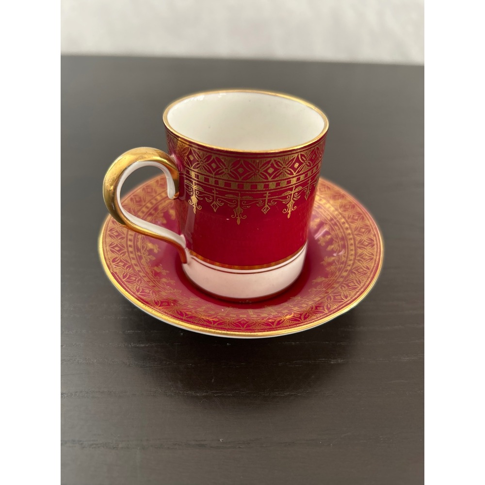 Vintage Cranberry Red and Gold Filigree Demitasse Espresso Cup and Saucer Set - Picture 3 of 11